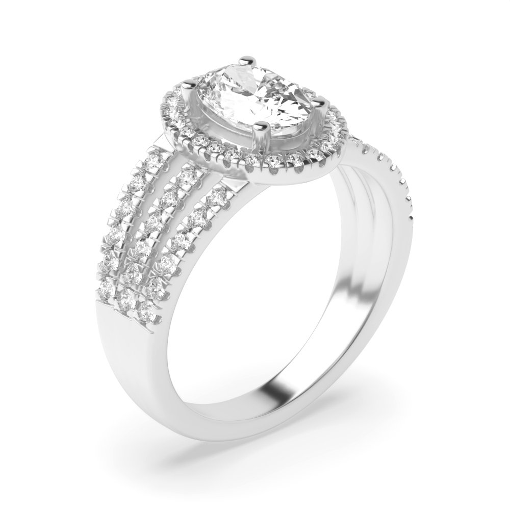 4 Prong Setting Oval Shape 3 Row Shoulder Halo Diamond Engagement Rings