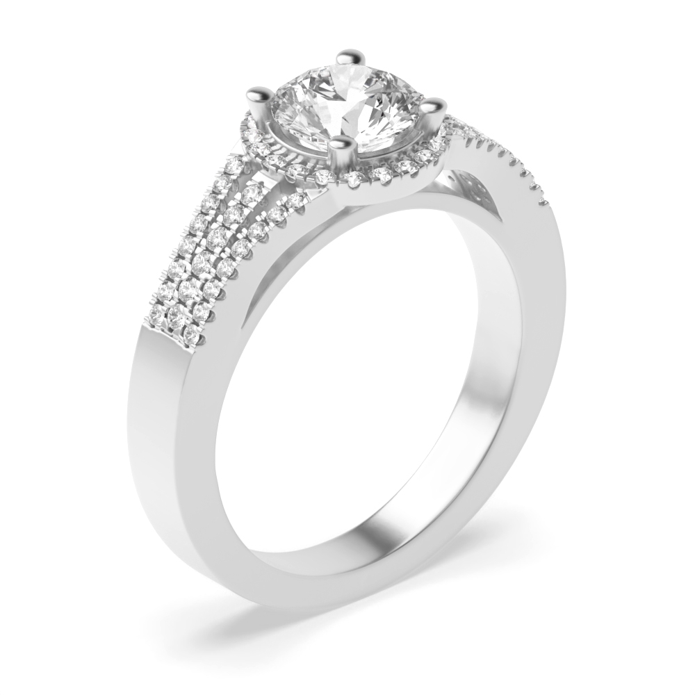 4 Prong Setting Round Shape 3 Row Shoulder Halo Diamond Engagement Rings