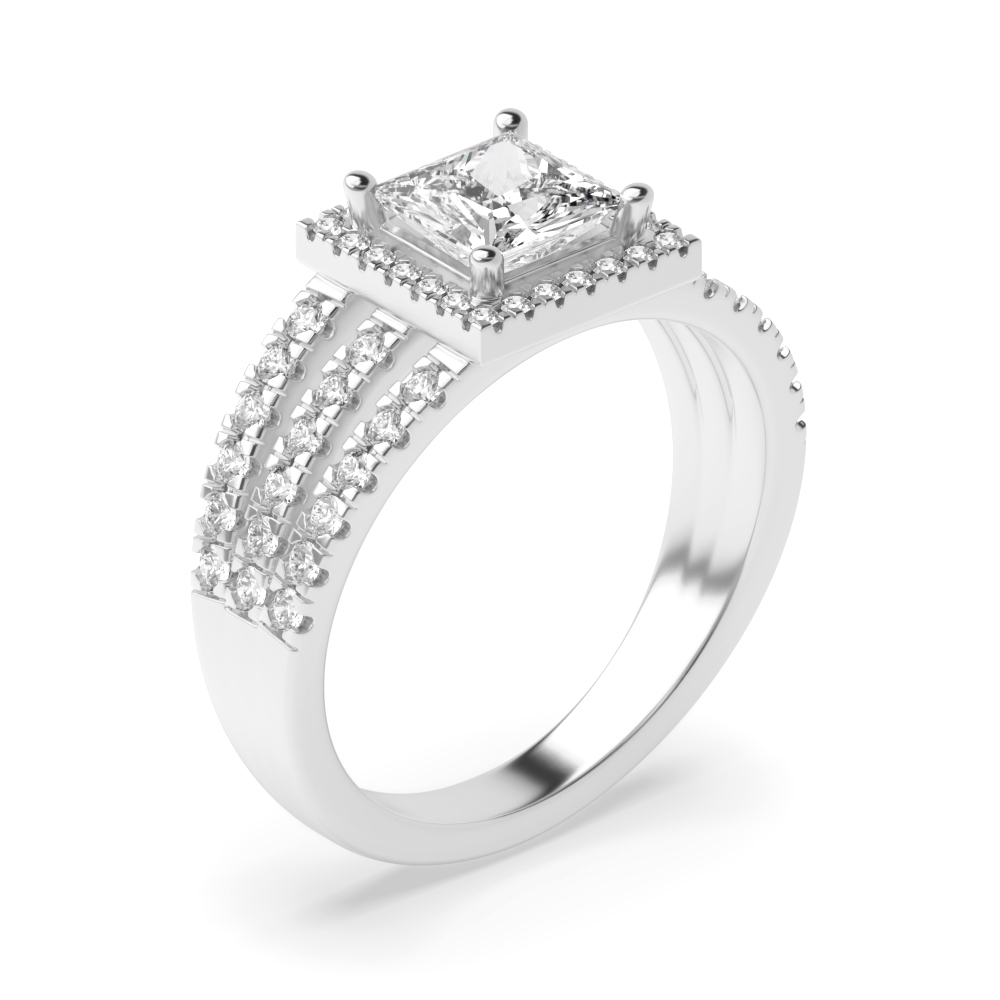 4 Prong Setting Princess Shape 3 Row Shoulder Halo Diamond Engagement Rings
