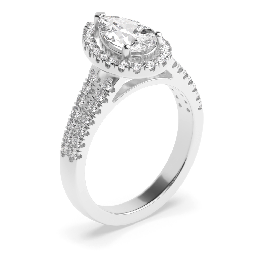 3 Prong Setting Pear Shape 2 Row Pave Set Shoulder Halo Diamond Engagement Rings
