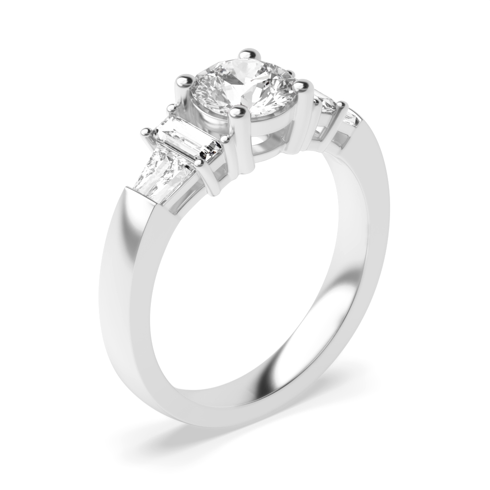 4 Prong Setting Round Shape Unique Baguette Diamond on Shoulder Halo Diamond Engagement Rings