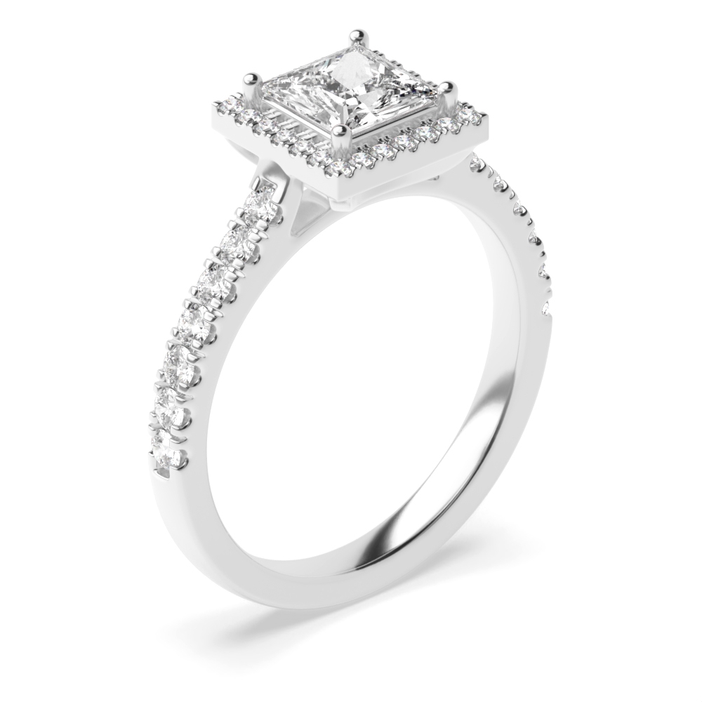 Prong Setting Side Stone Princess Diamond Halo Engagement Ring