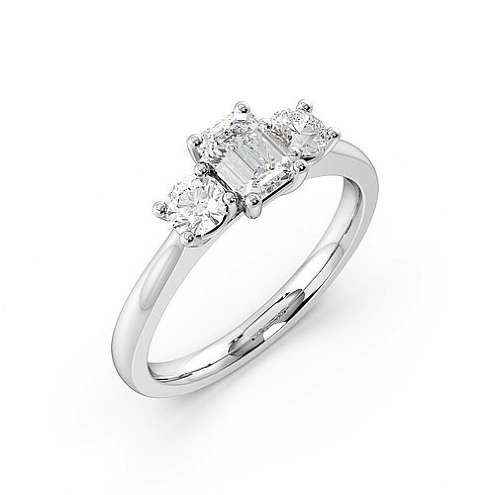 4 Prong Set Emerald Shape Trilogy Diamond Rings in Platinum