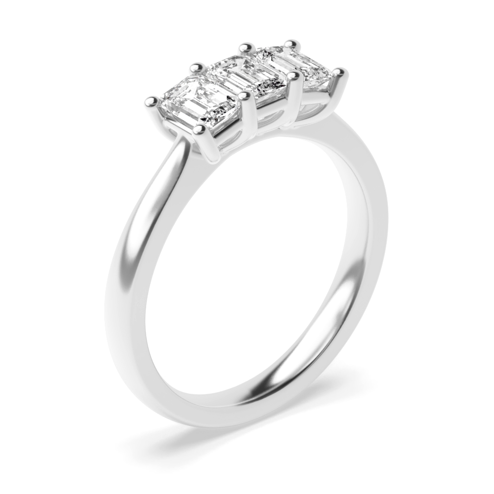 4 Prong Set Emerald Cut Trilogy Diamond Rings in Rose / White Gold