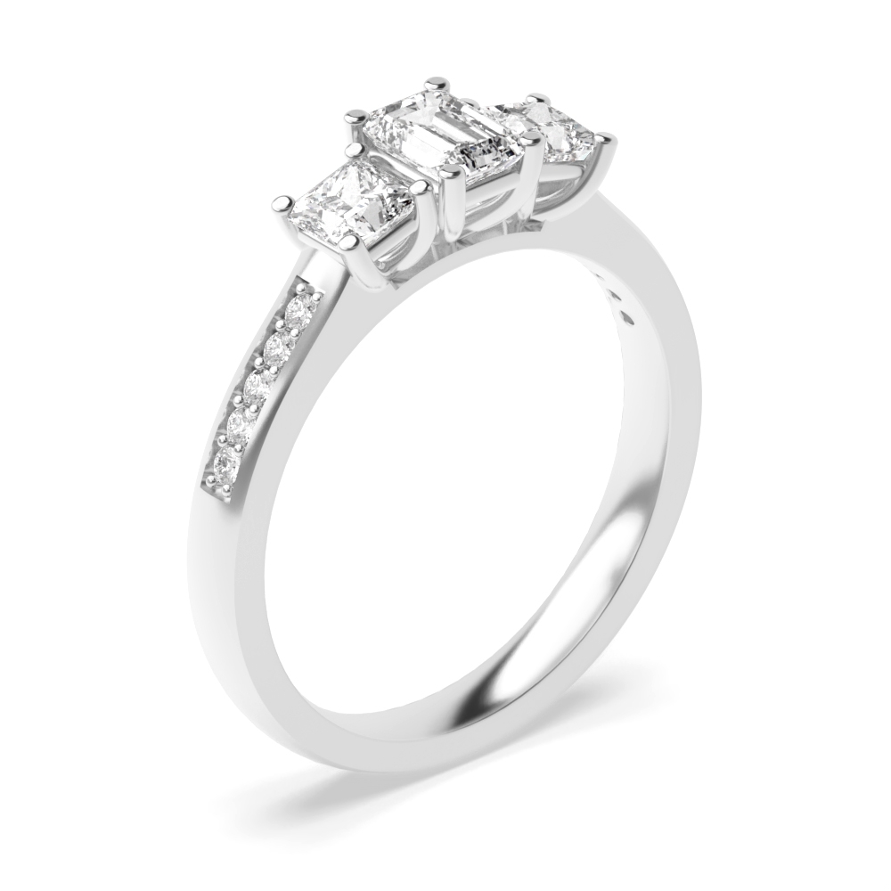 4 Prong Setting Studded Three Stone Ring Emerald Trilogy Diamond Ring in