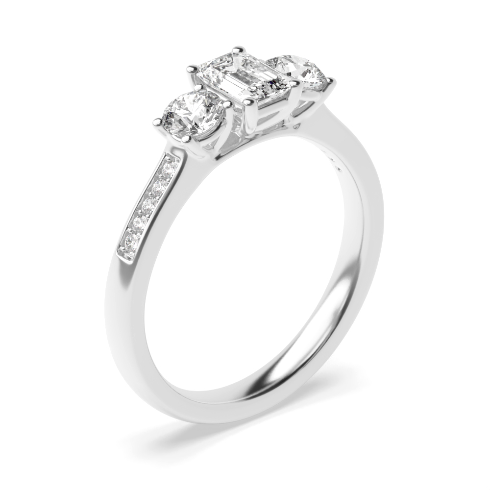 4 Prong Setting Studded Three Stone Ring Emerald Trilogy Diamond Ring