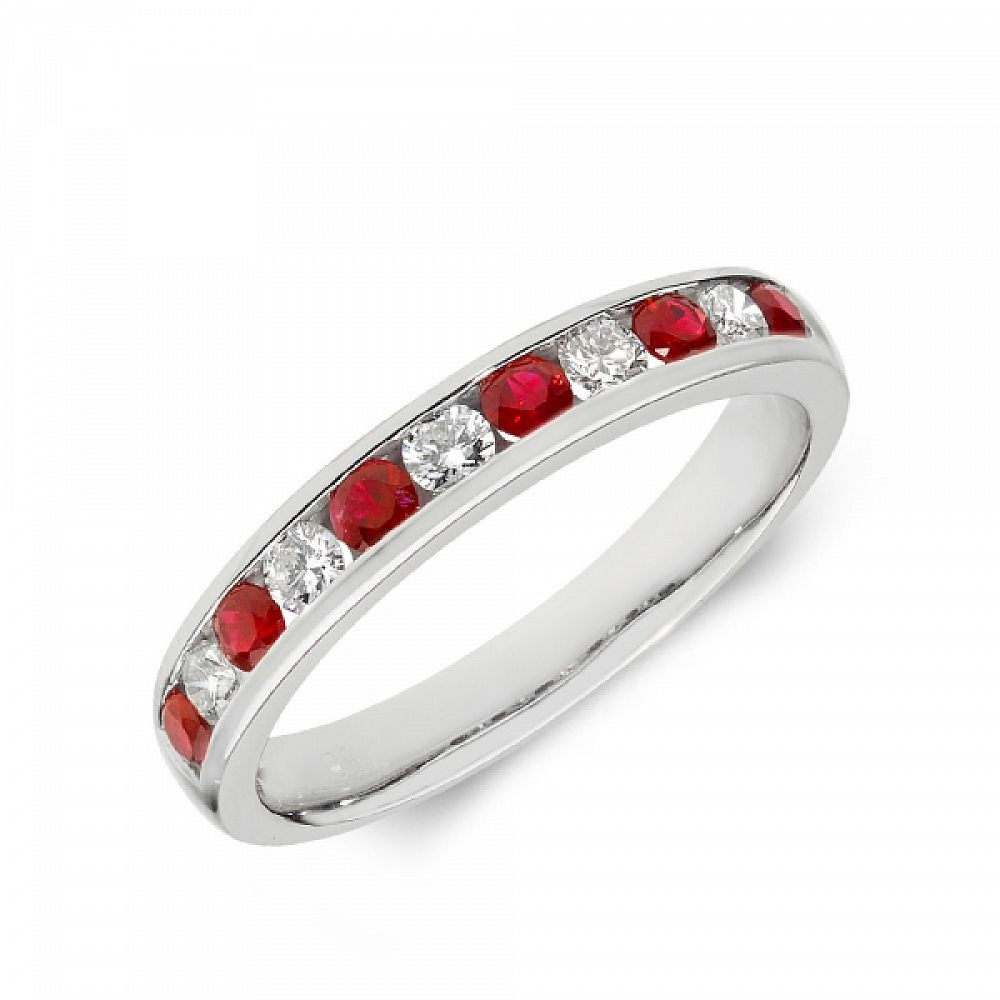 2.5mm Channel Set Half Eternity Diamond and ruby Gemstone Ring