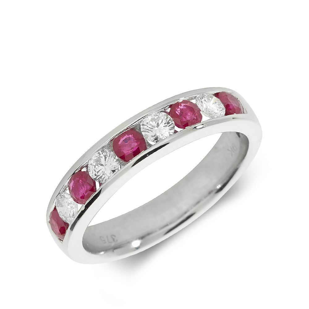 3.0mm Half Eternity Diamond and ruby Gemstone Ring