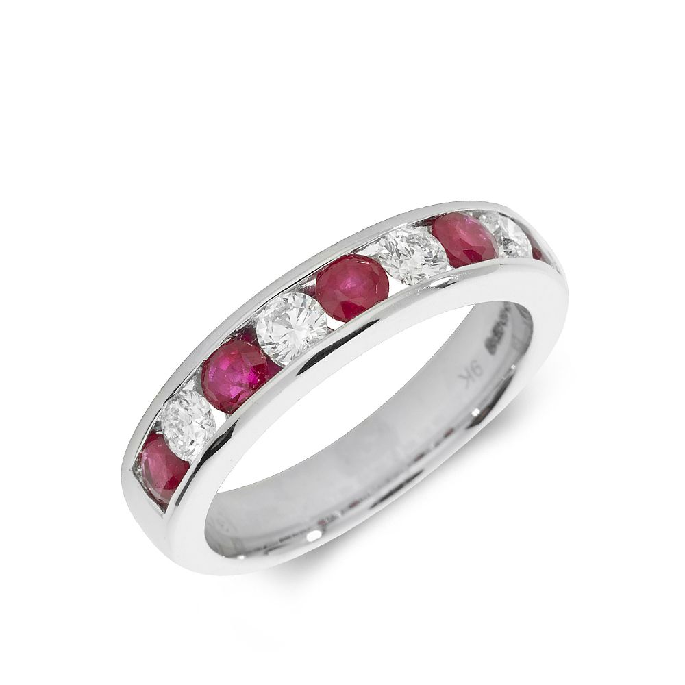 3.5mm Half Eternity Diamond and ruby Gemstone Ring