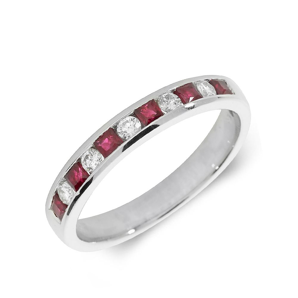 2.5mm Channel Set Half Eternity Diamond and ruby Gemstone Ring