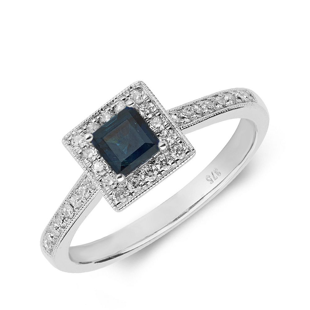 Gemstone Ring With 0.5ct Princess Shape Blue Sapphire and Diamonds