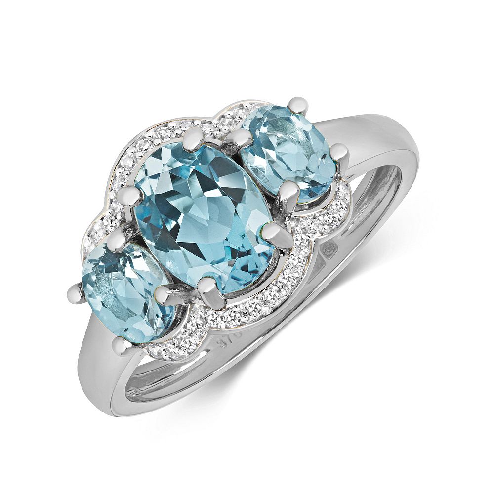Gemstone Ring With 8X6 &amp; 5X4mm Oval Shape Blue Topaz and Diamonds