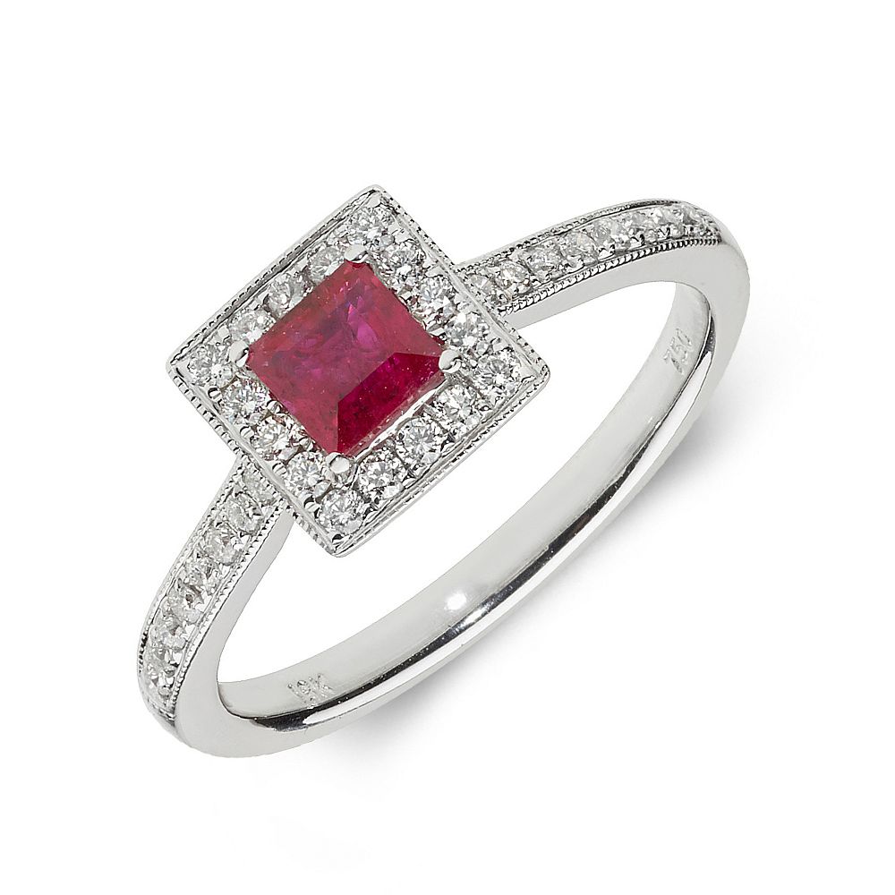 Gemstone Ring With 0.5ct Princess Shape Ruby and Diamonds