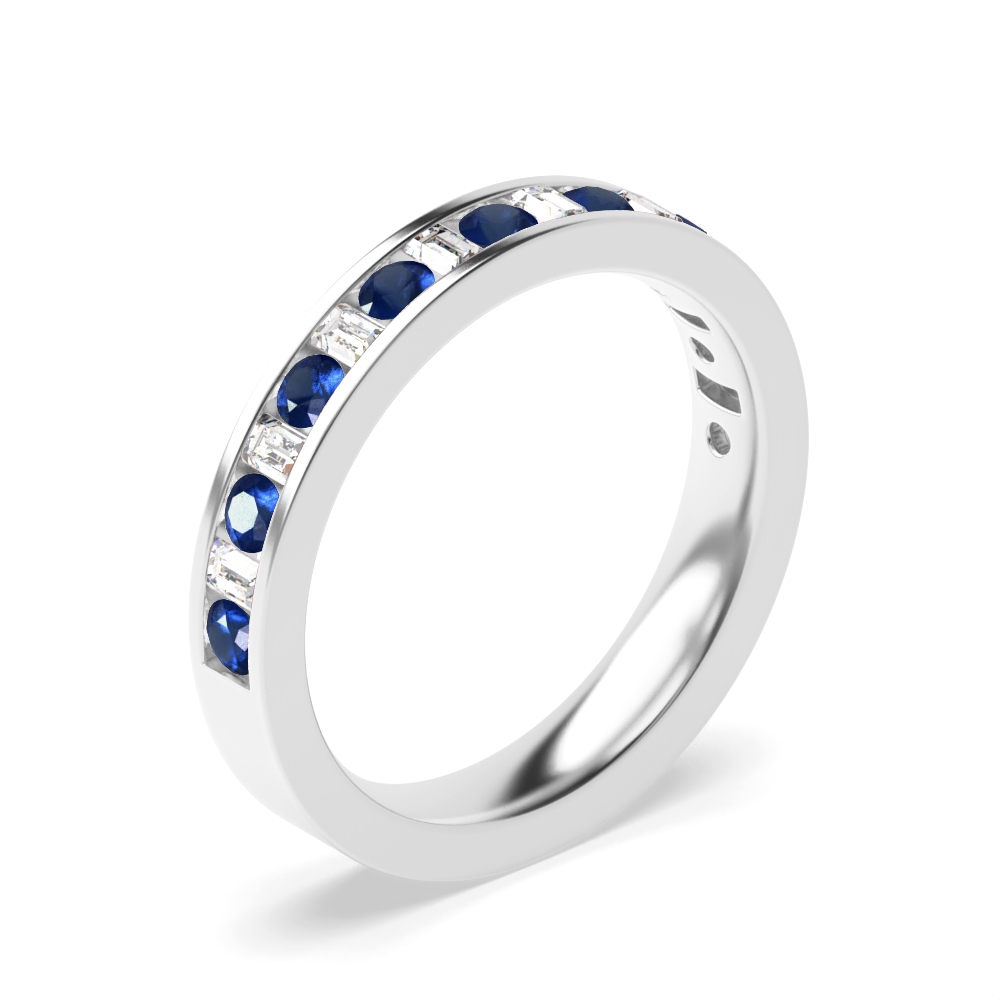 Channel Setting Round &amp; Baguette Half Eternity Diamond and Gemstone Sapphire Rings (Available in 2.5mm to 3.5mm)