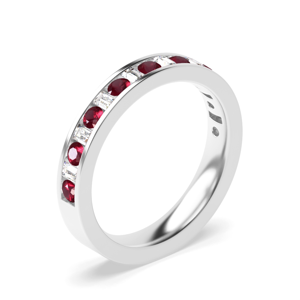 Channel Setting Round &amp; Baguette Half Eternity Diamond and Ruby Gemstone Rings (Available in 2.5mm to 3.5mm)