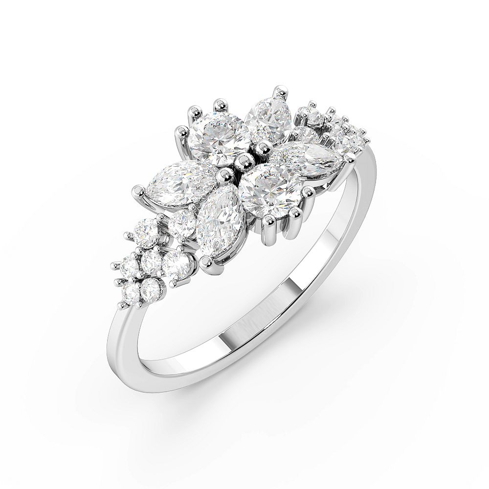 Marquise &amp; Round Bursting Flower Cluster Diamond Rings (9.8mm)