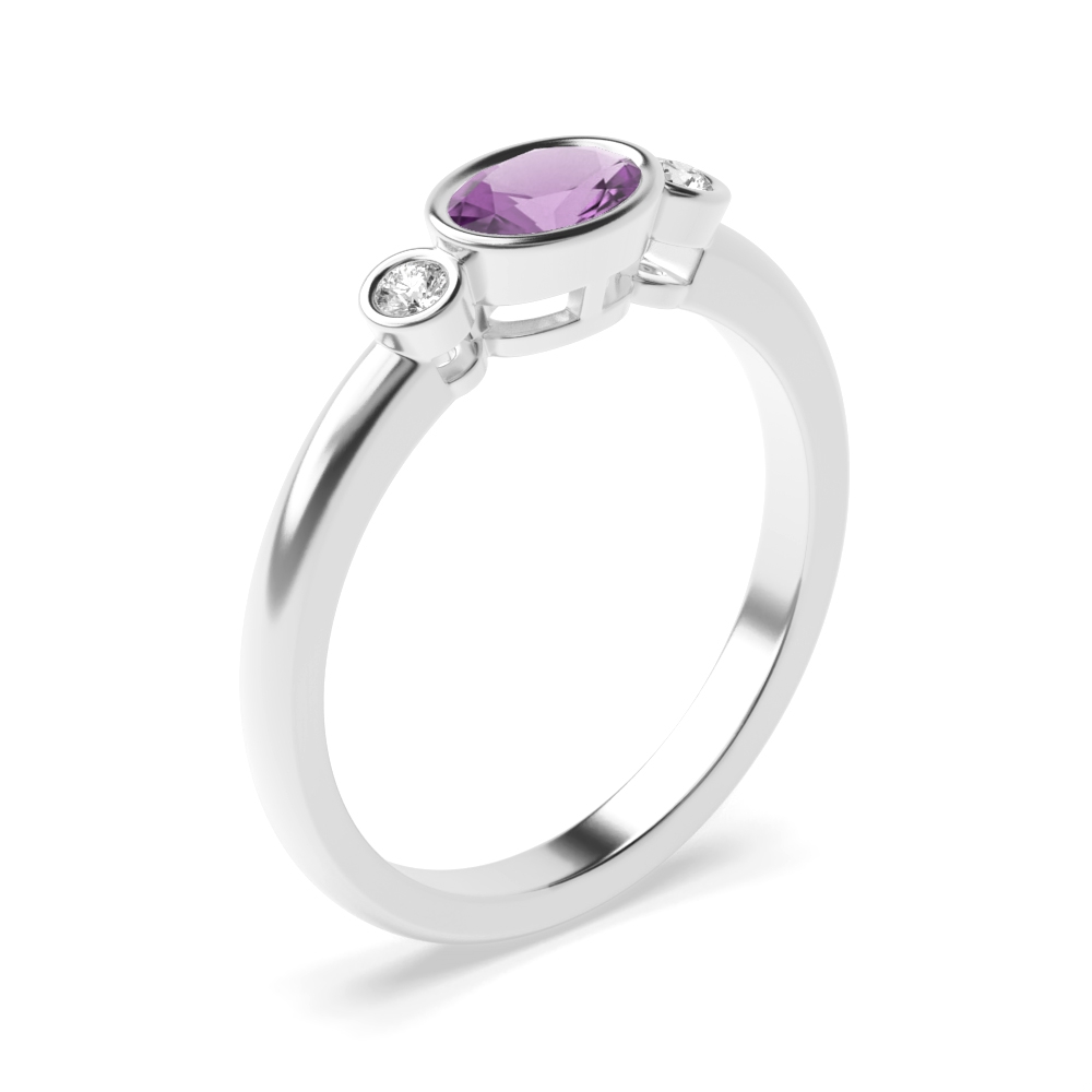 6X4mm Oval Amethyst Three Stone Diamond And Gemstone Engagement Ring
