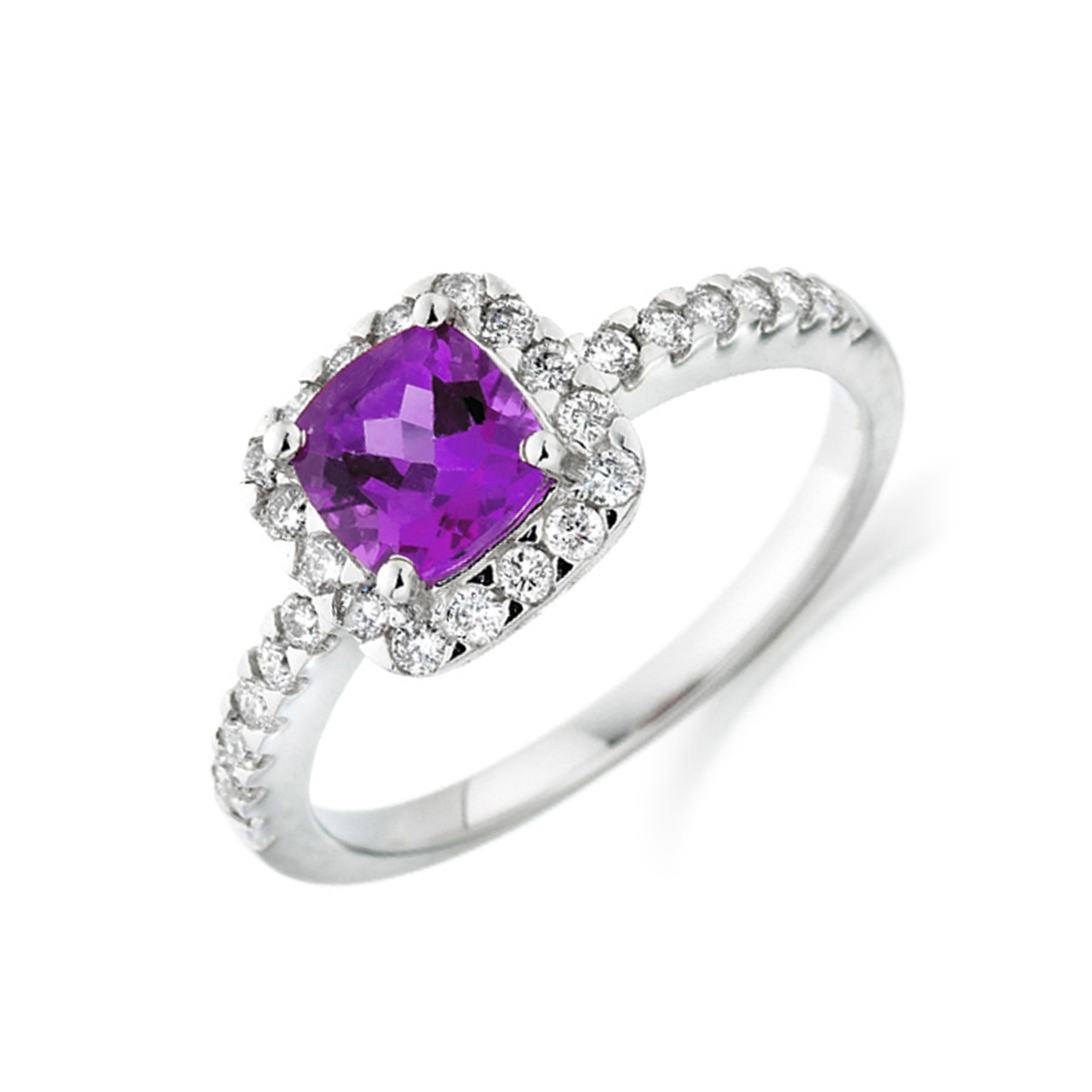 4X4mm Cushion Sqare Amethyst Halo Diamond And Gemstone Engagement Ring