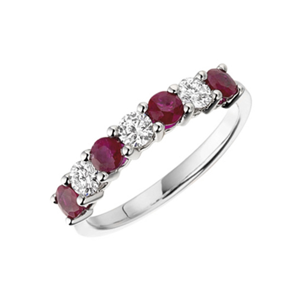 prong settings round shape half eternity ruby &amp; diamond ring