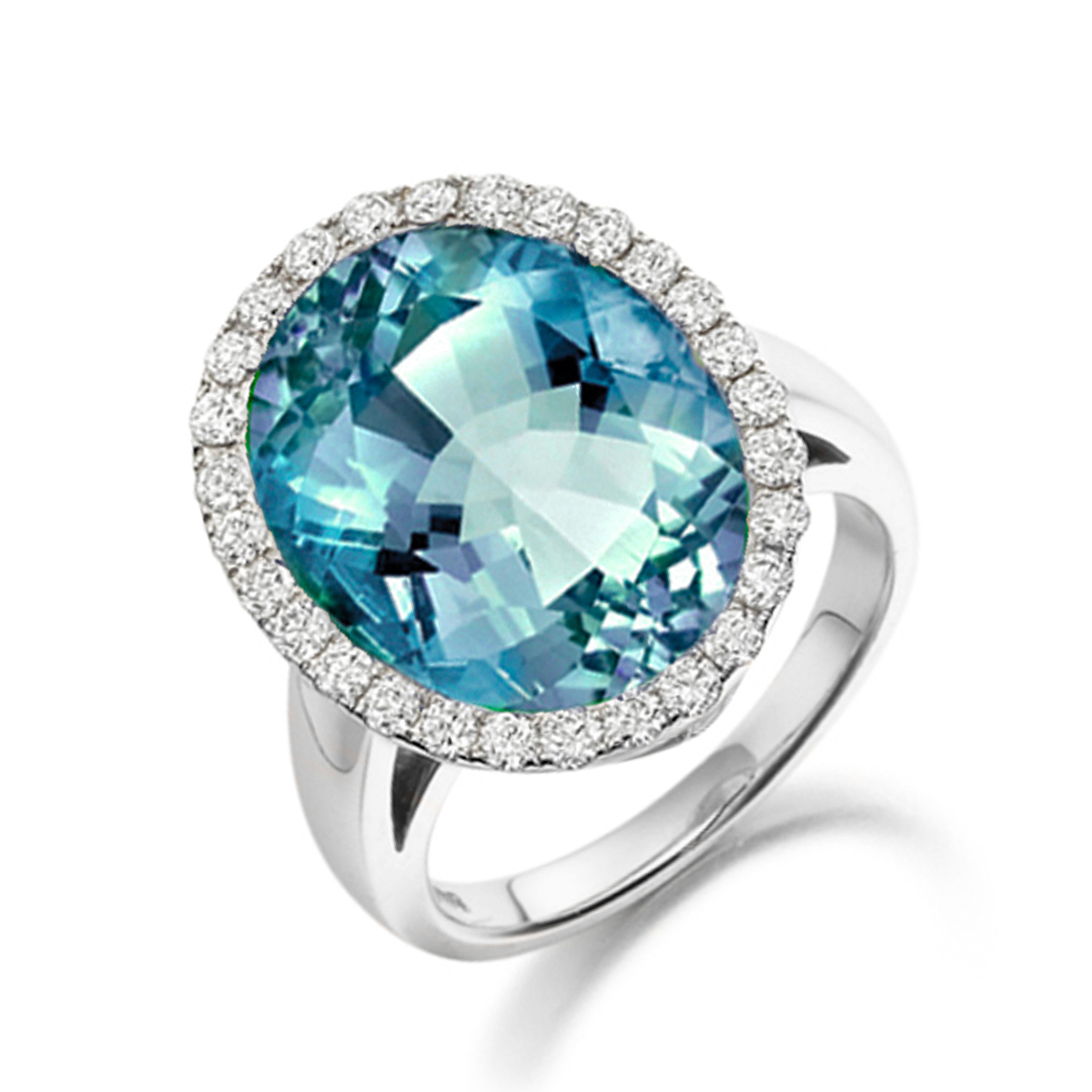 12X10mm Oval Blue Topaz Halo Diamond And Gemstone Engagement Ring