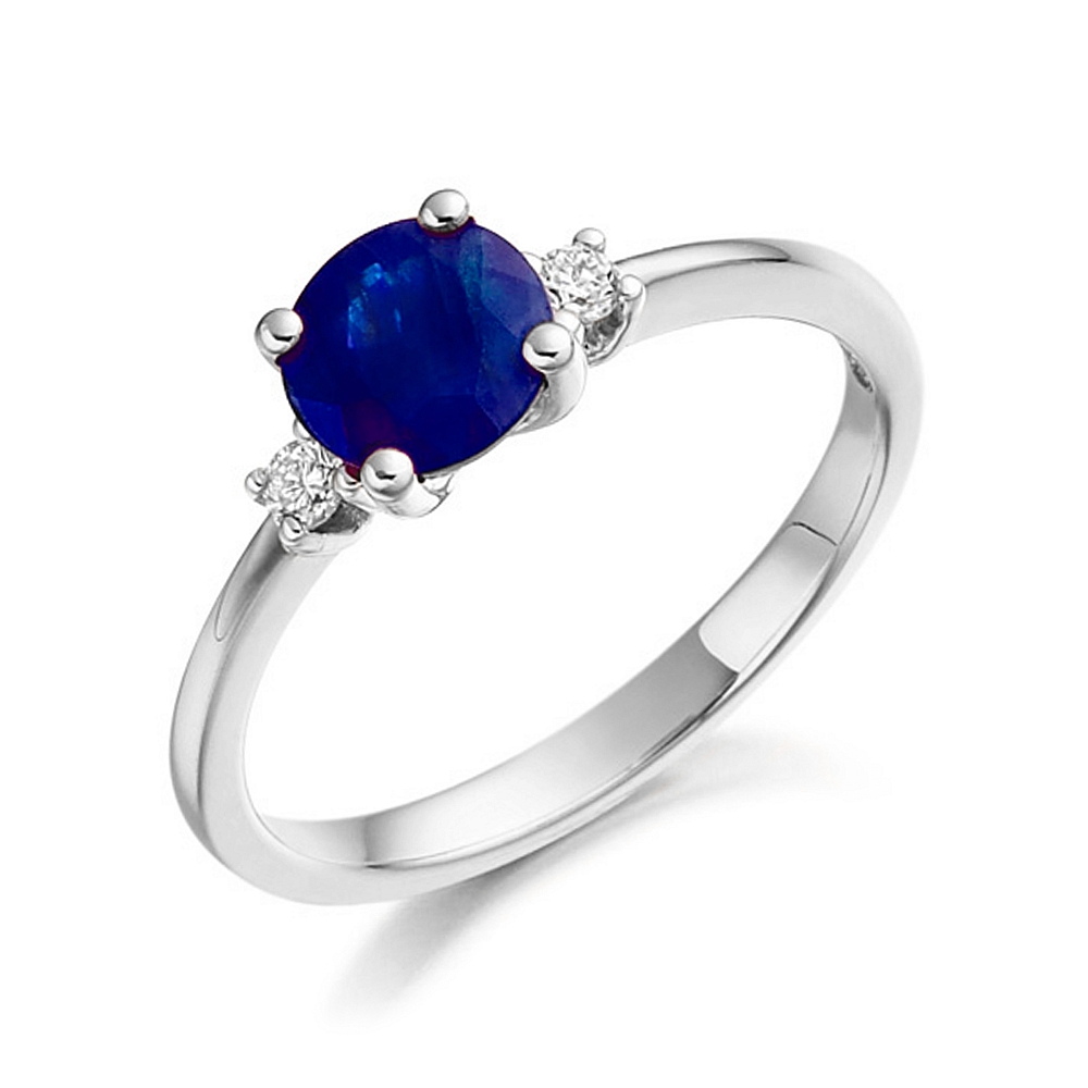 6X5mm Round Blue Sapphire Three Stone Diamond And Gemstone Engagement Ring