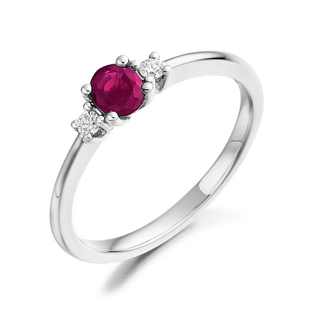 5X4mm Round Ruby Trilogy Diamond And Gemstone Engagement Ring