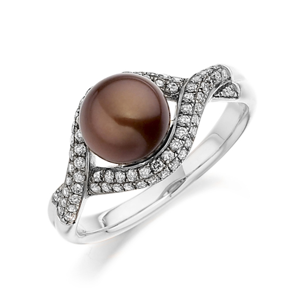 7mm Round Pearl with side stone twisted diamond engagement ring