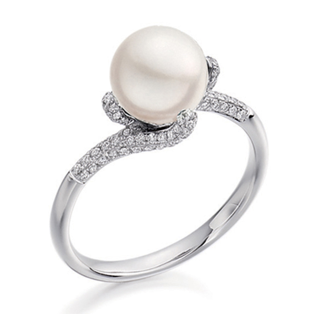 7mm Round White Pearl Multiple Stones Diamond And Pearl Ring