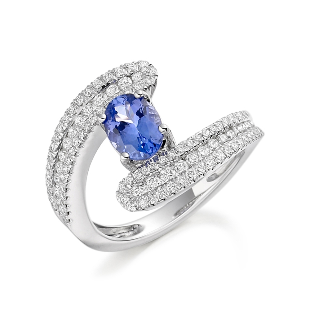 6X4mm Oval Tanzanite Stones On Shoulder Diamond And Gemstone Engagement Ring
