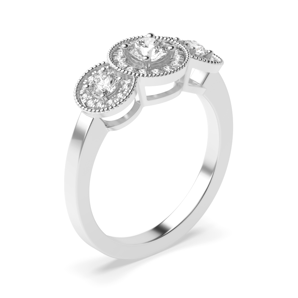 prong setting round shape trilogy halo diamond ring