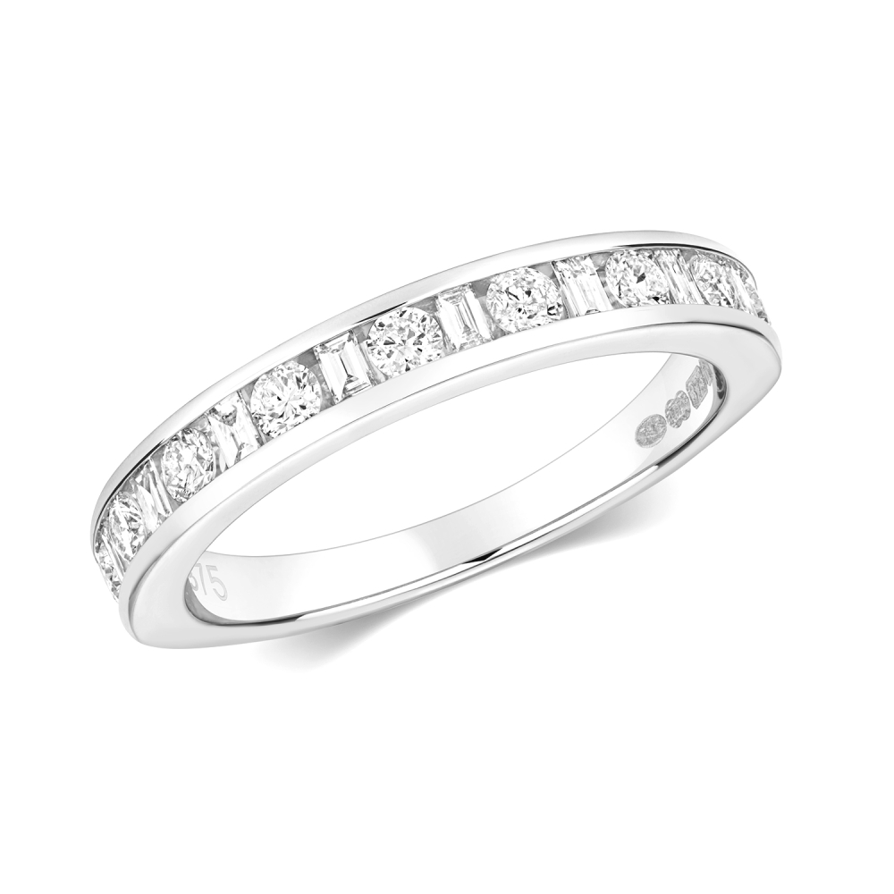 channel setting round and baguette diamond half eternity ring