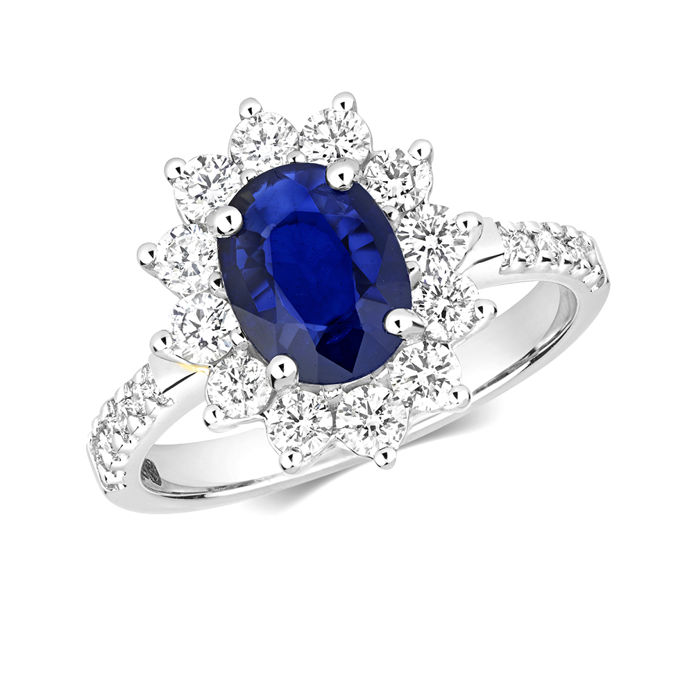 4 prong setting oval shape color stone and side round diamond ring
