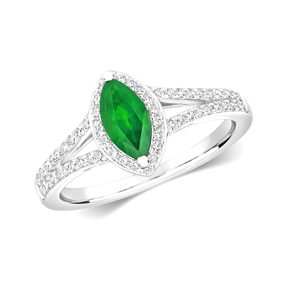 2 prong setting marquise shape color stone and side round diamond ring