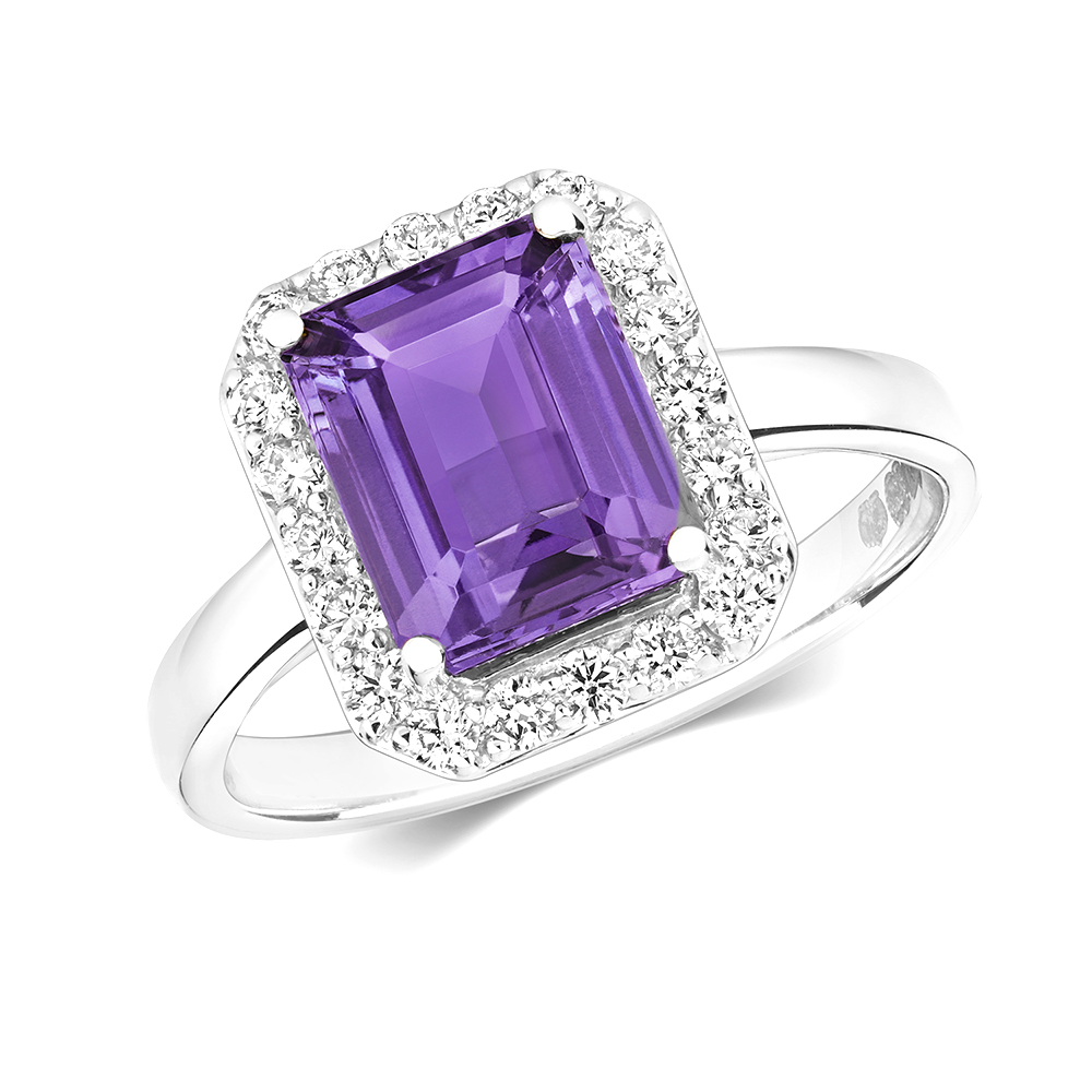 4 prong setting emerald shape color stone and side round diamond ring