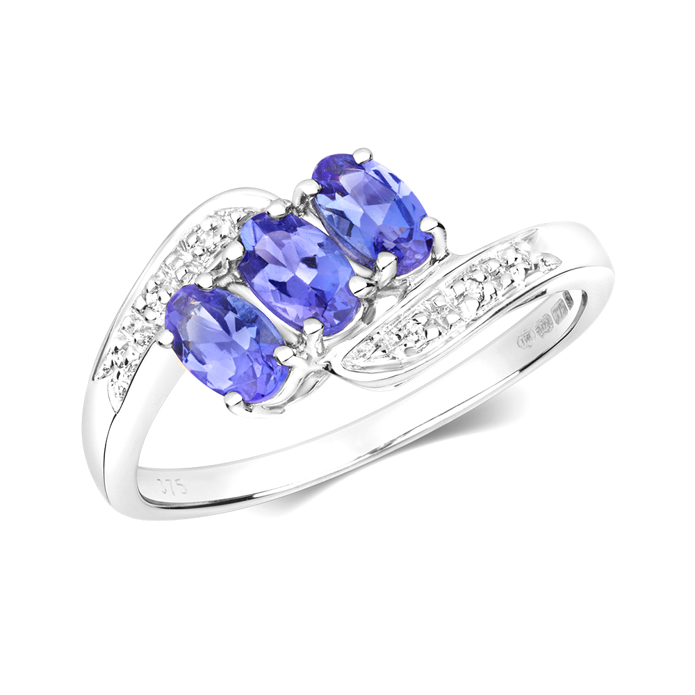 4 prong setting 3 oval shape color stone and side round diamond ring