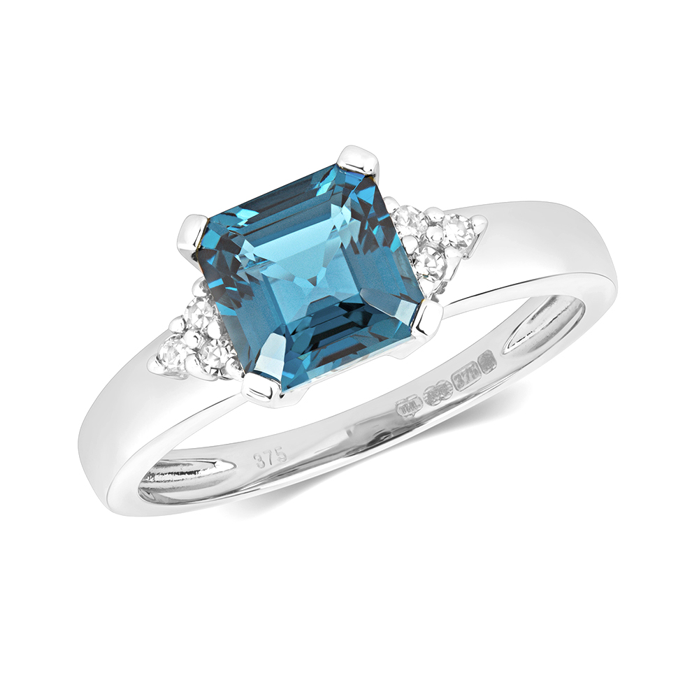 4 prong setting asscher shaped color stone and side round diamond ring
