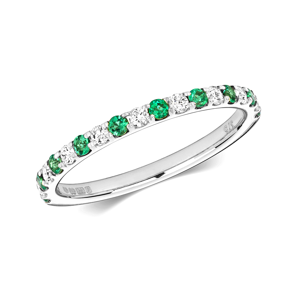 prong setting color stone and round diamond half eternity ring