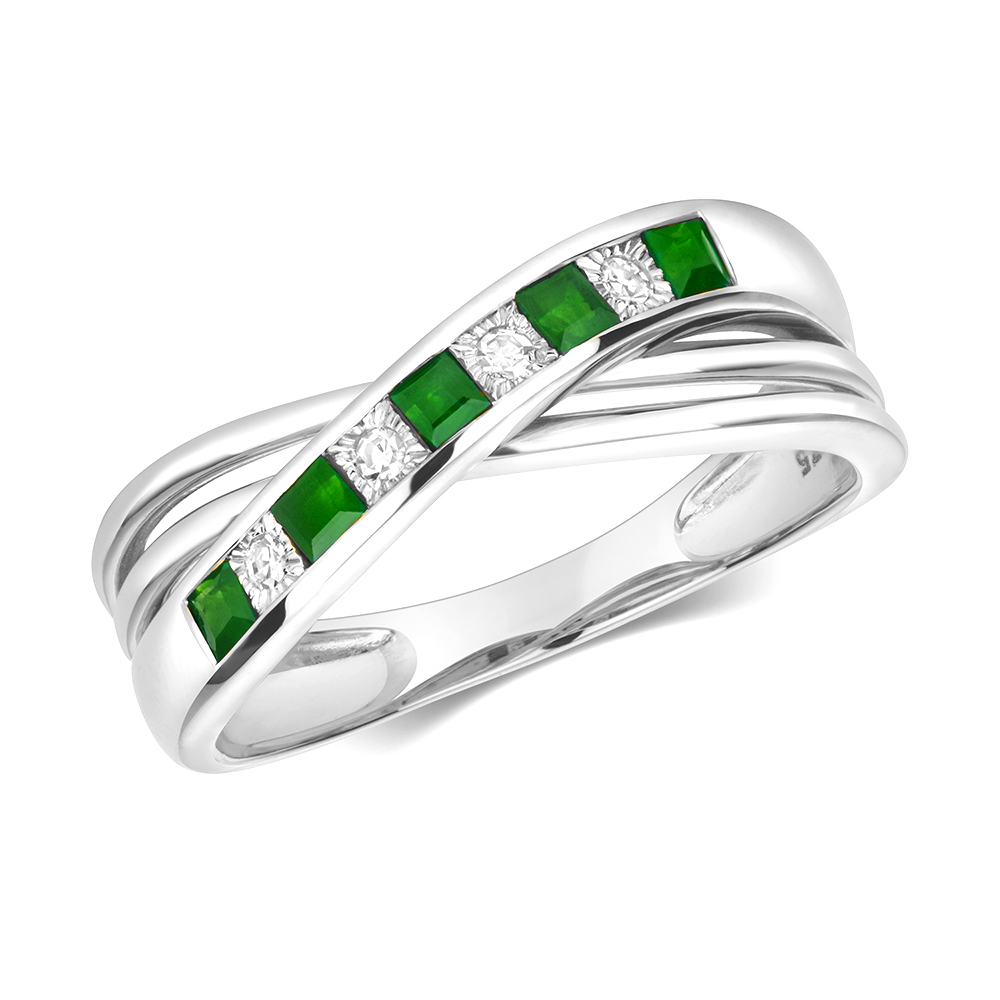 channel setting princess color stone and round diamond crossover ring