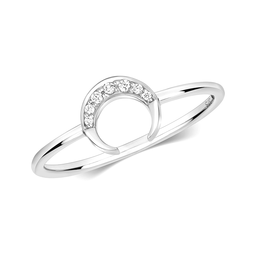 pave setting round diamond crescent moon ring