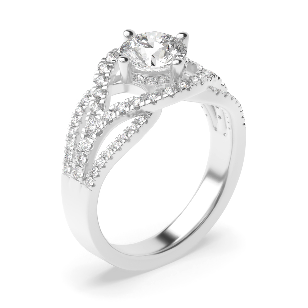 prong setting round shape crossover shoulder halo diamond engagement ring