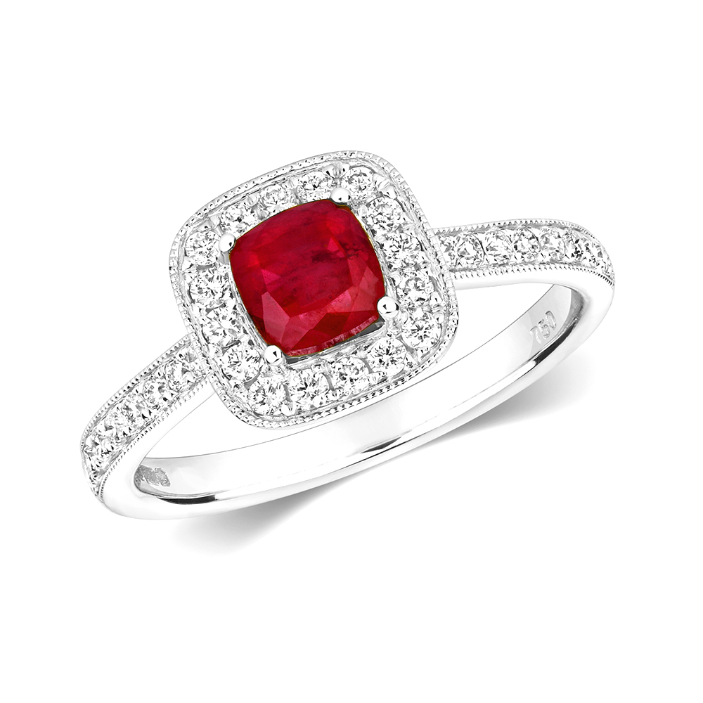 4 prong setting cushion shaped color stone and side diamond ring