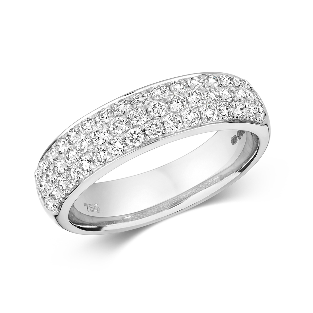 pave setting round shape 3 row set half eternity diamond ring