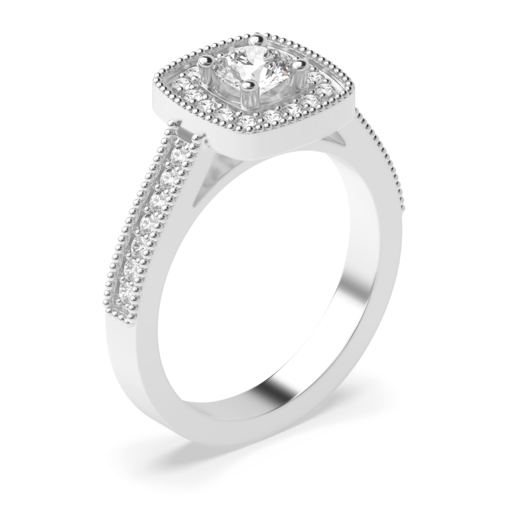 4 prong setting cushion design halo diamond and side stone ring