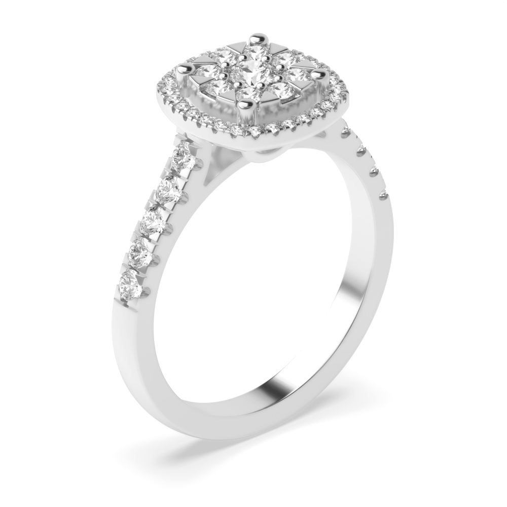 4 prong setting round shape halo diamond and side stone ring