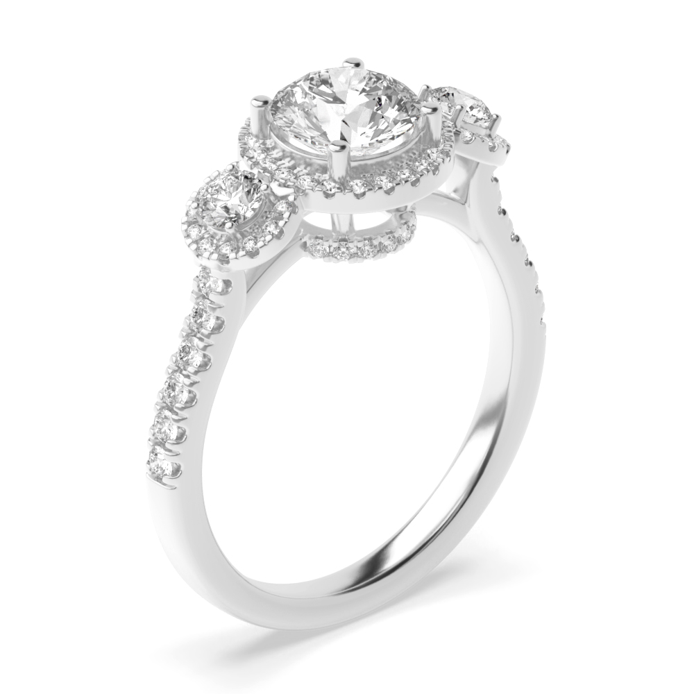 three stone halo diamond engagement ring