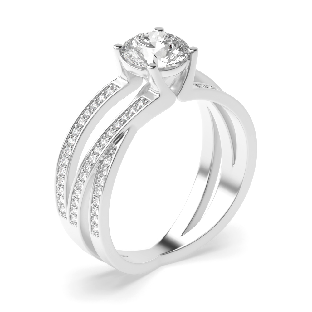 4 prong setting round shape 3 row side stone diamond ring