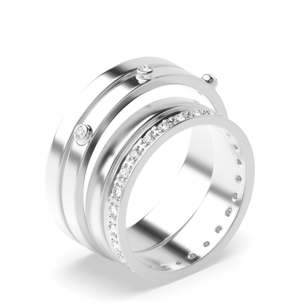pave and bezel setting round shape diamond eternity style couple band ring