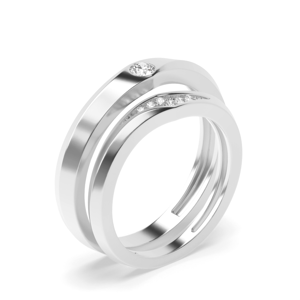 pave setting round shape diamond couple band wedding ring
