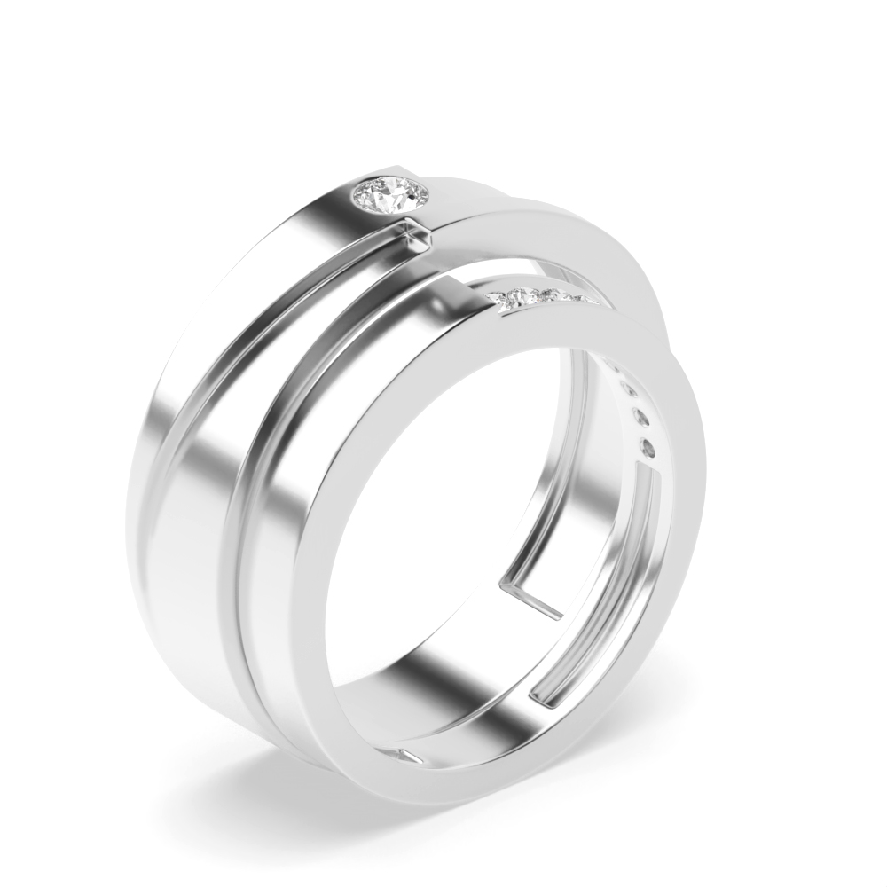 pave and flush setting round shape diamond couple band ring