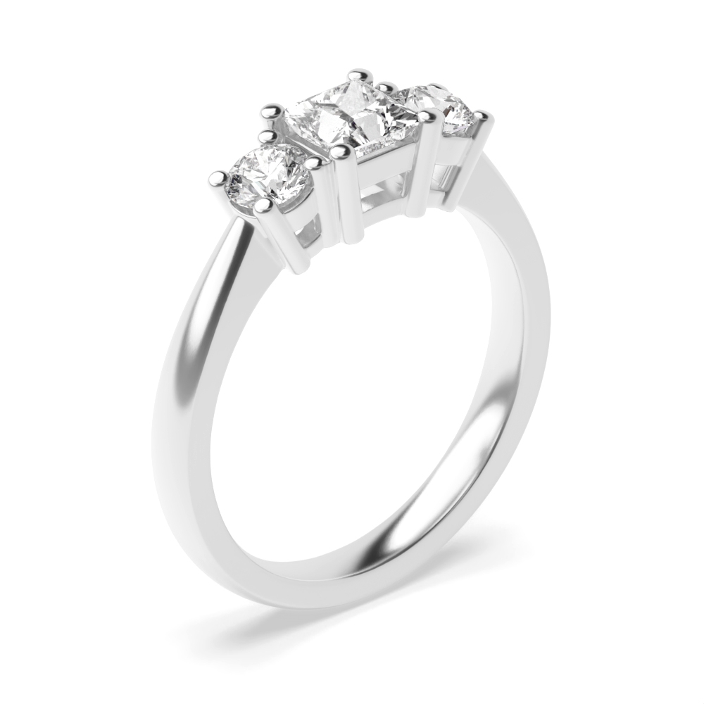 4 prong setting round and princess cut trilogy diamond ring